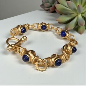 Matte Gold Byzantine Revival Lapis Lazuli Cabochon Toggle Bracelet